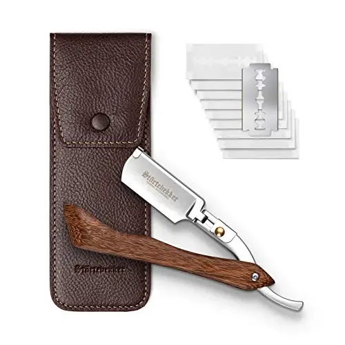 Störtebekker Rasoir de barbier avec étui en cuir fait main + pierre d'alun et 10 lames - rasoir barbe homme de qualité supérieure - kit rasage - rasoir homme (Bois - Café)