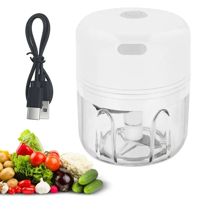 Hachoir Électrique 250 ml, Mixeur Hachoir Rechargeable USB, Portable Mini Coupe Legumes avec 3 Lames en Acier Inoxydable pour Oignon, Ail, Viande, Légumes et Les Fruits (Blanc)