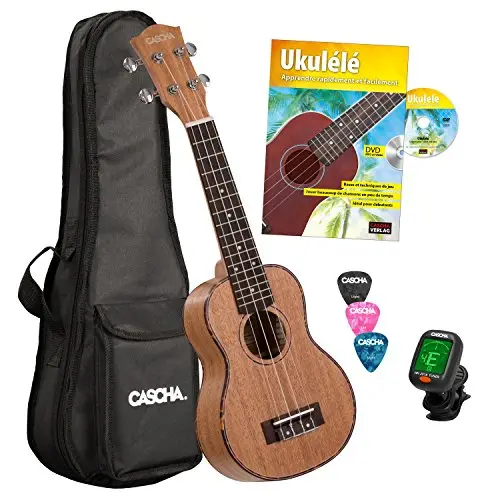 CASCHA HH 2027 FR Set de Ukulélé Soprano Premium Acajou avec une méthode en français, accordeur, sac rembourré, 3 plectres et cordes Aquila de qualité Marron