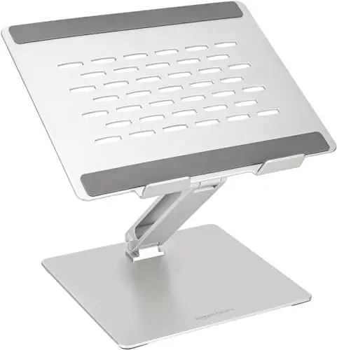 Amazon Basics Support ergonomique réglable pour ordinateur portable jusqu'à 17,3 pouces avec grille d'aération et réglage en continu de la hauteur et de l'angle, Argenté, 25,4 x 23,9 x 6,5 cm