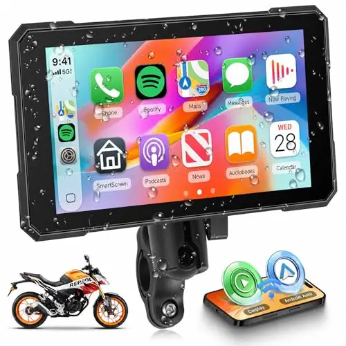 Rimoody sans Fil Carplay Moniteur Moto Android Auto, 5 Pouces Écran Tactile Car Play Autoradio Portable, CarPlay Display pour Moto Bluetooth/Navi/IP68 étanche/Contrôle de la Pression des pneus