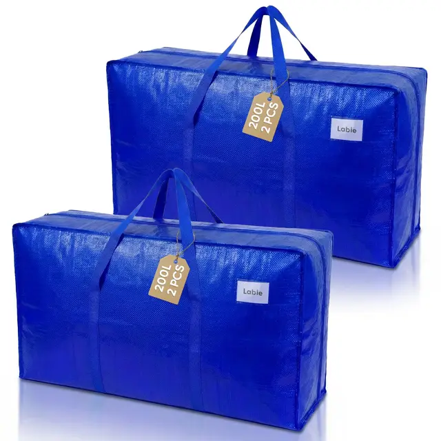 NOCOEX Très Grands Sacs de Déménagement - Lot de 2 Sacs Déménagement Imperméable 200L avec Fermetures éclair et Poignées Renforcées - Sac Rangement Pliable pour Dortoirs Vêtements Couette (Bleu)