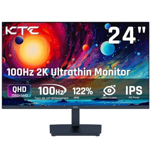 KTC Ecran PC 24 Pouces, QHD 2K 100Hz IPS Moniteur, Contraste 1300:1, Affichage Anti-lumière Bleue, 122% sRGB, Support Adaptive Sync, HDMI2.0/DP/Earphone pour Les Jeux et Le Travail de Bureau H24T27
