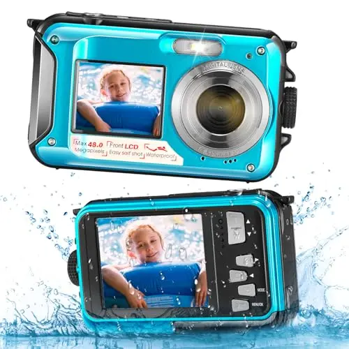 Appareil Photo Numérique Étanche, Caméra sous-Marine HD 2.7K 48MP avec Double Écran pour Snorkeling 3M pour Nager, Zoom Numérique 16X Anti-Secousse, Bleu