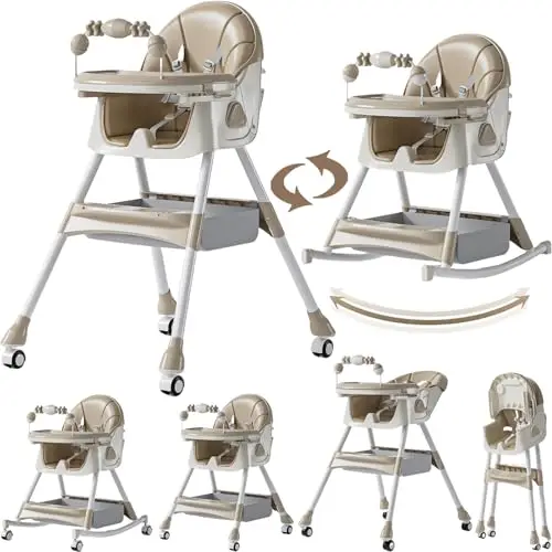 Magic ZC Chaise Haute pour Multifonctionnelle Bébé Chaise de Salle à Manger avec mode basculement et 3 positions d'inclinaison avec des Plateaux Doubles Amovibles et des Roues (560 Khaki)