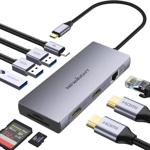 Stations d'accueil USB C Double Moniteur,Newmight 9 en1 Dual HDMI Adapter,avec 2 HDMI 4K, 1 Gbps Ethernet, PD 100W Charging, 3 USB 3.0, SD/TF Reader, pour/Dell/HP
