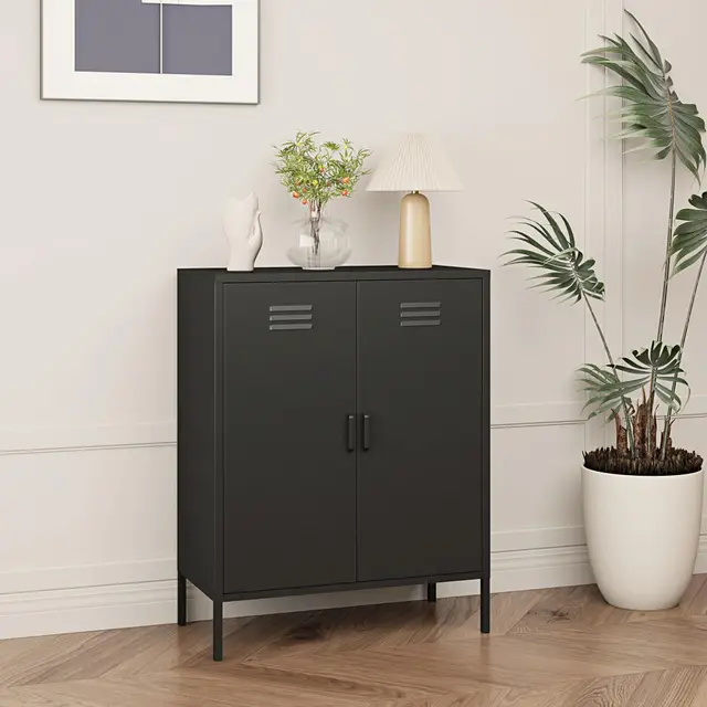 [en.casa] Armoire Métallique Meuble de Rangement Classeur pour Bureau Salon Atelier avec 2 Portes et 2 Étagères Réglables en Hauteur Fentes d'Aération Acier 102 x 80 x 40 cm Noir Mat