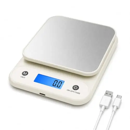 Meilen Balance de Cuisine 11lb/0.1oz, Balance de Precision 0.1g pour cuisine et la pâtisserie, Batterie Lithium-ion 300 mAh Intégrée, Chargeur Type-C Rechargeable, Blanc