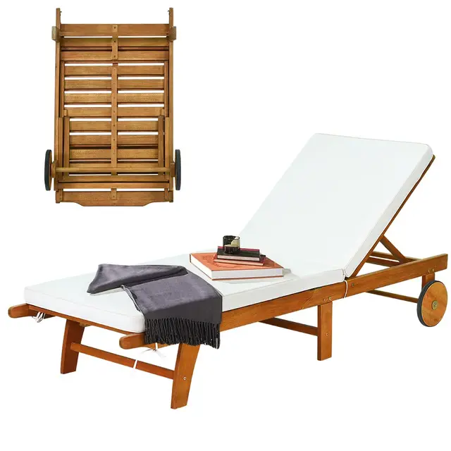 KOMFOTTEU Chaise Longue de Jardin, Dossier réglable en 6 Angles, Transat de Jardin en Bois avec Coussins & 2 roulettes, Bain de Soleil, Charge 160 kg, 195 x 68 x 90 cm, pour Terrasse, Balcon