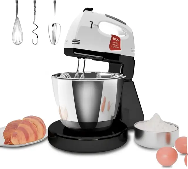 Batteurs sur socle, 7 vitesses avec bol en acier inoxydable 3QT, batteur sur socle et à main avec crochet pétrisseur, fouet, batteur mélangeur pour la cuisson (HN8)