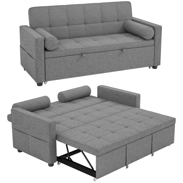 HOMCOM Canapé Convertible 2 Places 3 en 1, canapé-lit capitonné, lit gigogne Double, Dossier réglable, 2 Coussins et Poches d'accoudoirs, Tissu Aspect Lin, pour Chambre, Gris