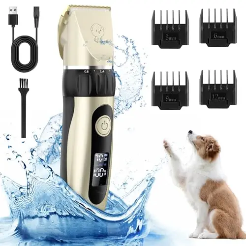 YAZEKY Tondeuse Chien,Professionnelle Poil Long Epais Tondeuse, Chat faible bruit pour tailler, avec Ecran LCD et 4 Accessoires de Peigne, Convient petits chiens chats animaux aux