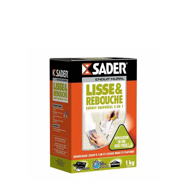 Sader Enduit Lisse et Rebouche - Enduit Universel 2 en 1 en Poudre - Rebouchage Jusqu'à 1 cm - Tous Supports - Blanc - Carton de 1 Kg