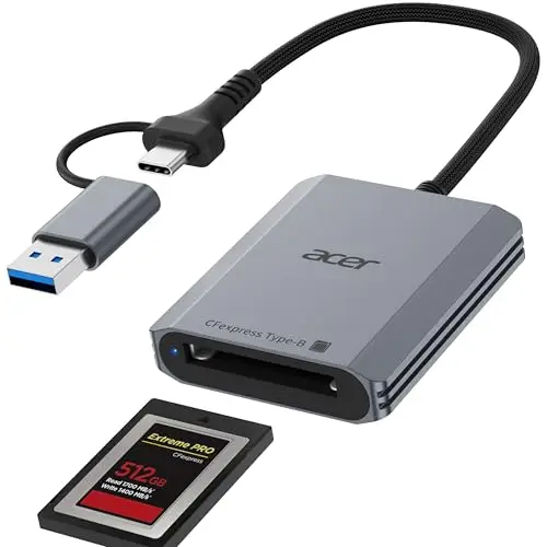Acer Lecteur de Carte CFexpress Type B 10Gbps, Card Reader CFB USB-C et USB-A 3.2 Gen 2, Adaptateur Carte Mémoire CFe Type B 1250MB/s pour PC, iPhone17, Samsung S26, MacBook, iPad Pro, etc.