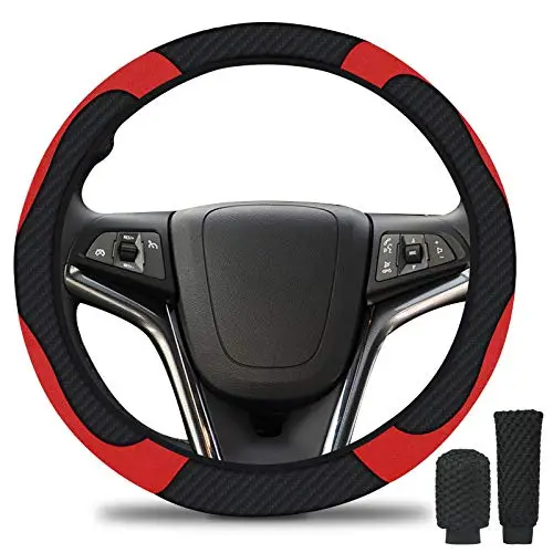URAQT Couvre Volant Voiture Cuir Microfibre, Noir Rouge, Respirant PU avec Couvercle Frein Main & Changement Vitesse, Antidérapante Universelle (37-39cm)