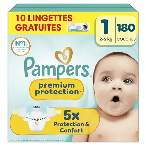 Pampers Premium Protection Taille 1, Couches, 2kg-5kg, Notre N°1 Pour La Protection De La Peau Et Contre Les Fuites + 10 Lingettes Aqua Soft Touch Offertes