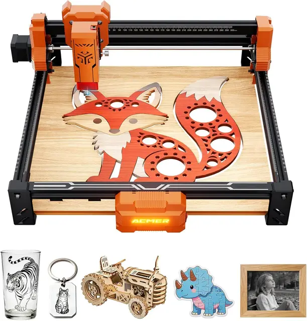 ACMER Graveur Laser S2 7W,48W(7000mv) Graveuse Laser 300x300mm,10000mm/Min Gravure Haute Efficacité,PréCision De Gravure 0,01,DéCoupeuse Laser Pour Bois Et L'Acrylique Foncé, Diy, à L'éDucation
