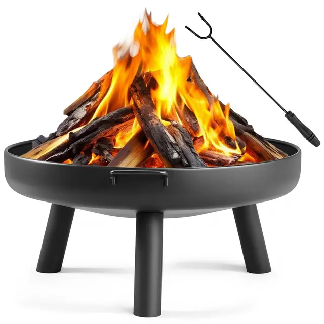 LEADZM Brasero Ø80 cm en Fer | avec 2 Poignées Stables + Crochet À Feu, Panier À Feu pour Bois & Charbon, Bac À Feu comme Foyer pour Jardin Terrasse Extérieur Feu De Camp,Noir