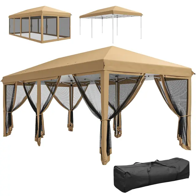 Outsunny Tonnelle Pliante tonnelle de Jardin extérieure Barnum Pliant Pop-up pavillon de terrasse 6 x 3 m Anti-UV moustiquaires Amovibles + Sac de Transport Beige