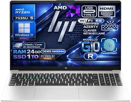 HP 255R G10 Ordinateur Portable AMD Ryzen 5 7535U 4.55 GHz, RAM 24Go DDR5, SSD 1To, Écran 15.6" FHD, Châssis Aluminium, WiFi6E, Caméra 1080p, Clavier AZERTY Rétroéclairé, Empreinte Digitale, Win11 Pro