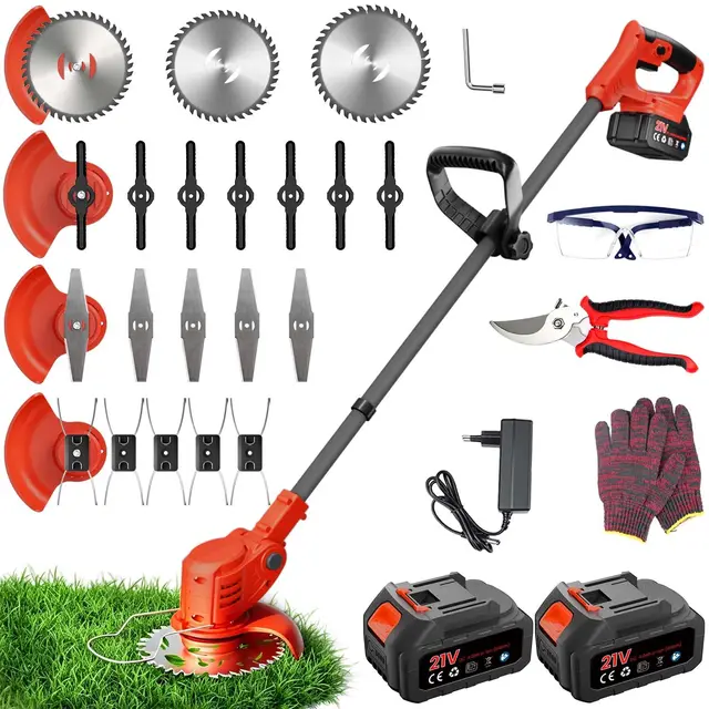 Débroussailleuse Electrique sans Fil, 850W Débroussailleuse Batterie Brushless, avec 2 Batteries 4.0Ah et 4 Lames, Coupe Bordure sans Fil avec Batterie pour tondre Le Jardin et la pelouse (Rouge)