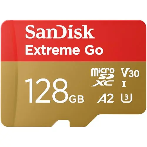 SanDisk 128Go Extreme Go Carte MicroSDXC + adaptateur SD (Pour Android Smartphone, Tablette, Action Cams, Drones, UHS-I, jusqu'à 200 MB/s, 5K, 4K UHD, Rescue Pro Deluxe, V30, Class 10, U3) pour Amazon