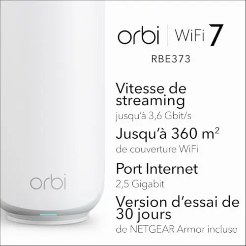 NETGEAR Orbi | Système Mesh WiFi 7 | RBE373 | 3-Pack | Jusqu'à 3.6 Gbps | Couvre jusqu'à 360 m² | 70 appareils | 2.5GB Internet Port | Dual-Band BE3600 | Compatible Murs épais et Toutes Box Internet