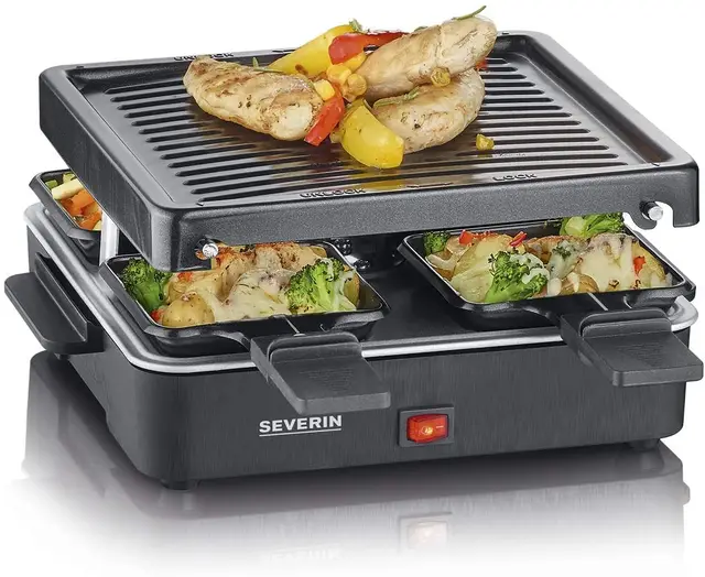 SEVERIN Raclette Gril 4 pers., Compacte, Plaque Anti-adhésive 21 X 21 cm, Inclus 4 Poêlons, Revêtement Anti-adhésif, Noir, RG 2370