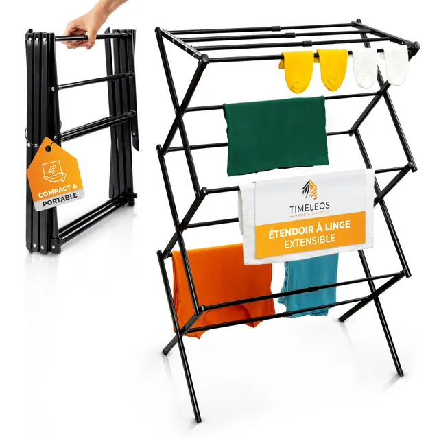 Etendoir Linge Interieur Pliable - Mini Sechoir a Linge Robuste - Sèche Linge Extensible Plus Peu Encombrant, Petit Étendoir à Linge Intérieur - Idéal pour l'intérieur ou Le Camping, Noir