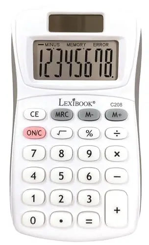 Lexibook - Calculatrice de Poche 8 Chiffres - Fonction Basiques et mémoire - Touches en Silicone pour Bureau, Scolaire, Maison - Solaire & Piles - Blanche/Grise - C208LXB
