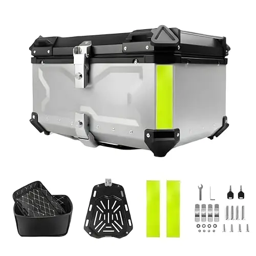 Top Case Moto 80L en Alliage d’Aluminium - Coffre Arrière Universel Étanche pour Moto & Scooter - Valise de Rangement Grande Capacité (2 Casques) avec Doublure Cuir, Serrure de Sécurité