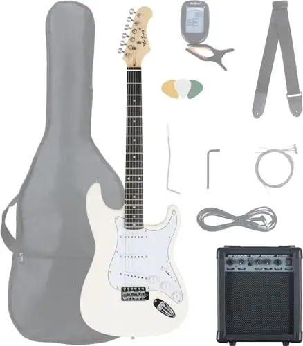 McGrey Rockit ST Set Complet Guitare Électrique (8 pièces pour débutants avec guitare, amplificateur, cordes de rechange, housse, accordeur, médiators, sangle et câble) White