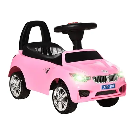 HOMCOM Porteur Enfants Voiture, véhicule à Pousser avec Coffre à Jouets, klaxon, phares et Musique, développe la motricité de Votre Enfant, 18-36 Mois, Rose