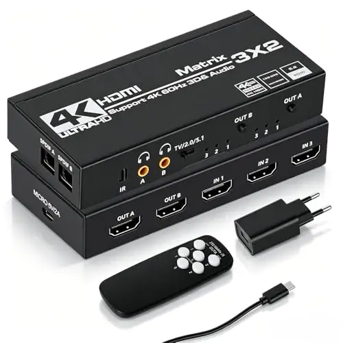 Switch Hdmi 4K 60Hz 3x2, HDMI Switch Splitter 3 in 2 Out, HDCP 2.3 HDR10 18Gbps, mit IR Télécommande & 3.5mm Audio Extractor, Support 4K@60Hz, HDCP 2.2, pour Switch, PS5, Xbox, PC