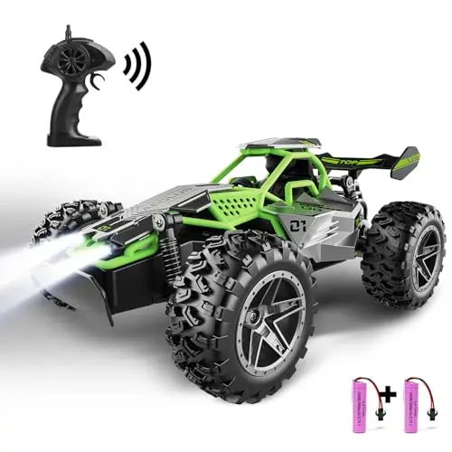 Voiture Télécommandée Tout Terrain avec LED, 2.4Ghz 15+KM/H Télécommandé pour Enfant 3-7+, Coquille Alliage, Radiocommandée Cadeau pour Garcon Fille Gris Vert
