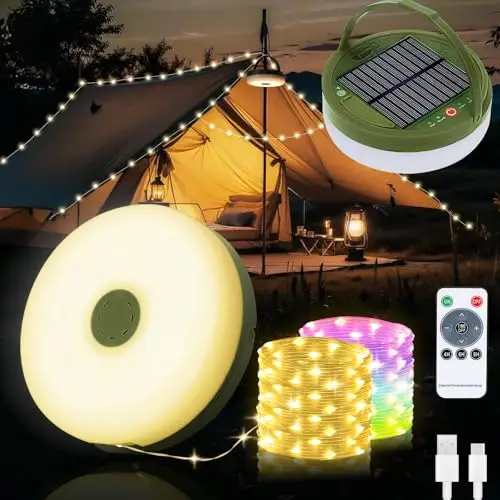 Yizhet Guirlande Lumineuse de Camping Solaire 10m, Rechargeable USB, Étanche IP65, Idéale pour Camping, Décoration Extérieure, Urgence (Blanc chaud & RGB)