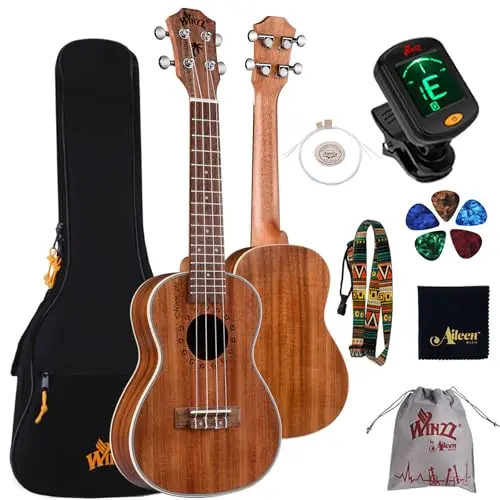 Winzz Ukulélé Concert Meilleure Sélection Wood KOA Ukulélé Trousse d'ukulélé de 23 pouces pour Débutant ou Professionnel avec Accessoires Optionnels - Mat Naturel