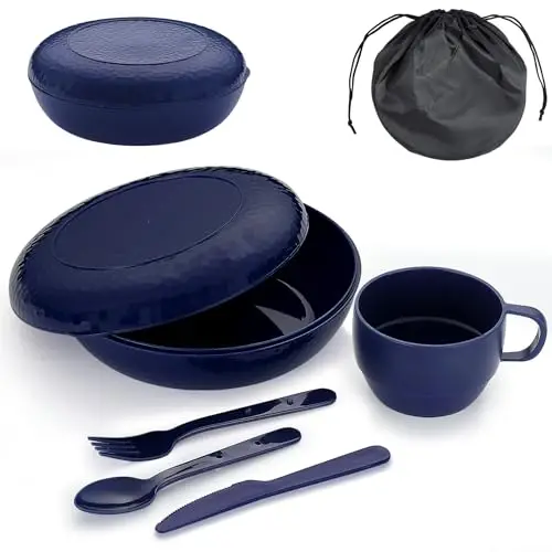 Evanda Couverts Camping avec Bol, Assiette, Tasse, cuillère, Fourchette, Couteau et Sac de Transport, Réutilisable Accessoires de Camping Essentiel Équipement léger et Peu encombrant