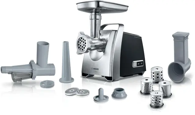 Hachoir à viande Bosch ProPower, nombreux accessoires, accessoire à saucisses, râpe avec 4 accessoires, 3 disques perforés en acier inoxydable MFW68660