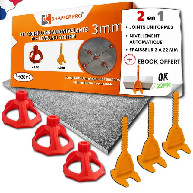 Croisillons carrelage autonivelant 3 mm | 200 clips + 100 cadrans réutilisables | 3-22 mm I Shaffer pro | compatible 20mm I système nivellement à visser | aide la pose de carreaux pour pose Sols/murs