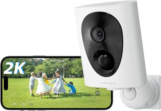 VIRTAVO 2K Camera Surveillance WiFi Extérieure sans Fil Batterie, Vision Nocturne Couleur Starlight, PIR Détection Mouvement, Étanche, Audio Bidirectionnel, VF1
