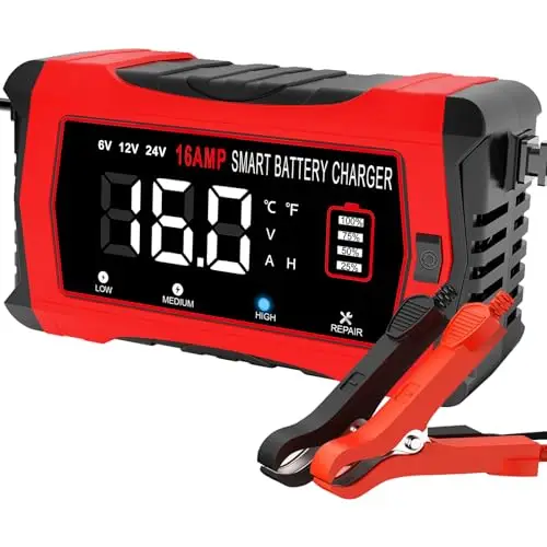 HTRC 16A Chargeur Batterie Voiture 6V 12V 24V, Chargeur de Batterie Intelligent Entièrement Automatique avec LCD pour Batteries Plomb-Acide (AGM, EFB, Gel, Calcium, SLA, VRLA) et Lithium/LiFePO4