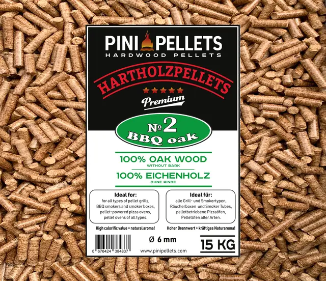 PINI Granulés de barbecue 15 kg, granulés de bois 100 % chêne pour griller et faire fumer, convient aussi pour les fours à pizza à granulés