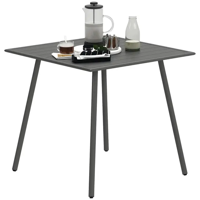 Outsunny Table à Manger de Jardin pour 4 Personnes, Table de Jardin avec Plateau à Lattes rectangulaire en Acier Anti-Rouille, pour Patio, terrasse, Balcon, 80 x 80 x 74 cm, Gris