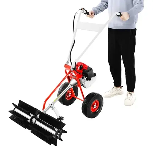 Balai moteur à essence 1,7 CV - Balayeuse manuelle avec brosse à rouleau et démarrage manuel - Balai à essence pour jardin, allée, pelouse, trottoirs et surfaces extérieures