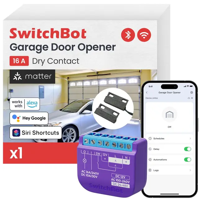 SwitchBot Smart Wi-Fi Ouvre-porte de garage certifié Matter, contrôle par application, Alexa/Google/Siri/IFTTT/SmartThings pris en charge, plusieurs modes de notification, aucun hub nécessaire