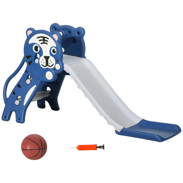AIYAPLAY Toboggan pour Enfants, Toboggan intérieur pour Enfants, avec Un Panier de Basket, thème Tigre, de 18 à 36 Mois, jusqu'à 25 kg, 133L x 60l x 70H cm, Bleu
