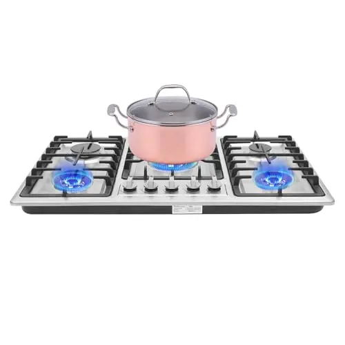Plaque de cuisson à gaz à 5 flammes, 86 x 51 cm, encastrable, en acier inoxydable, protection automatique contre les flammes, allumage électronique, pour gaz liquéfié ou gaz naturel, pour cuisine et