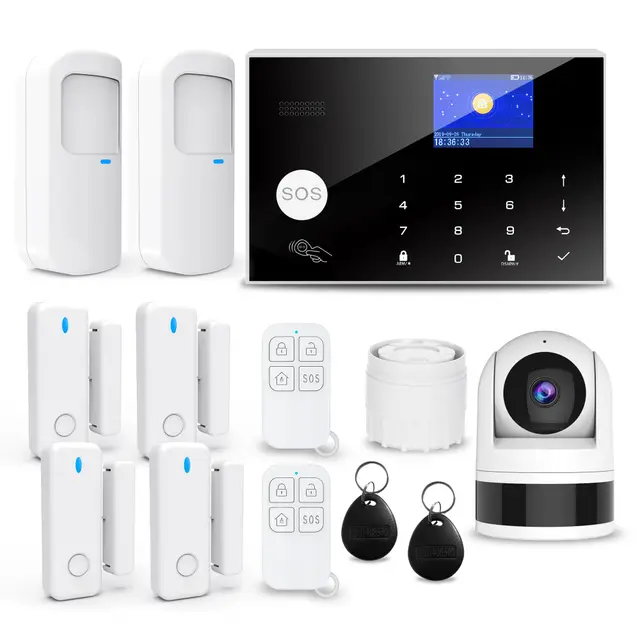 Système d'Alarme sans Fil pour la Maison, 13 pcs GSM SMS 2G WiFi Full Burglar Alarm System, Siren Alarm with PIR, Door Window Sensor, Camera, Remote Control for Apartment, Garage, Office