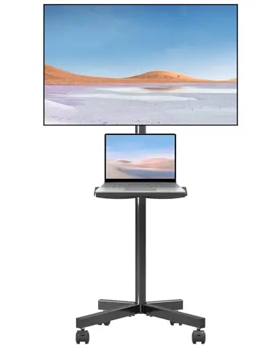 suptek Chariot TV Mobile sur roulettes pour Bureau, Home Cinéma| Support 21-60 Pouces avec Plateau, Réglable en Hauteur (1235 mm) & Inclinaison +3°/-12° | Charge 35 kg, VESA Max 400x400 mm ML55B
